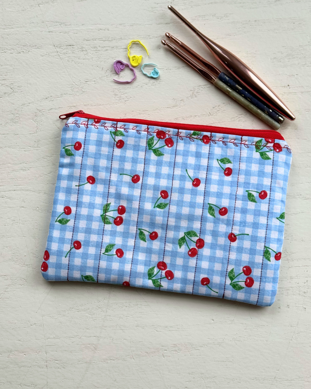 Blue Plaid & Cherries Zipper Pouch