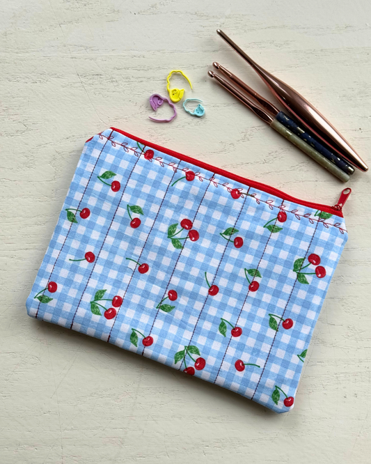 Blue Plaid & Cherries Zipper Pouch