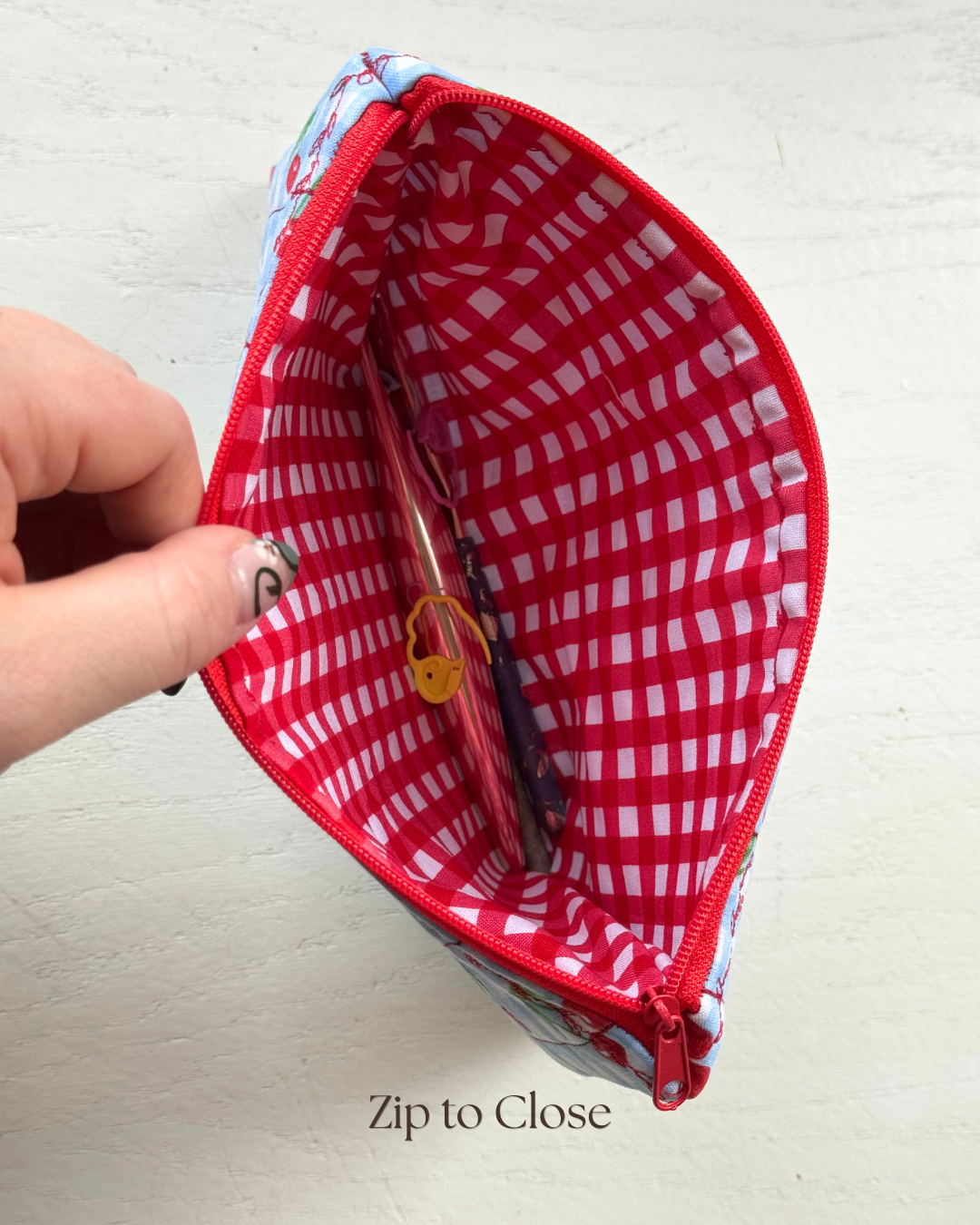 Blue Plaid & Cherries Zipper Pouch